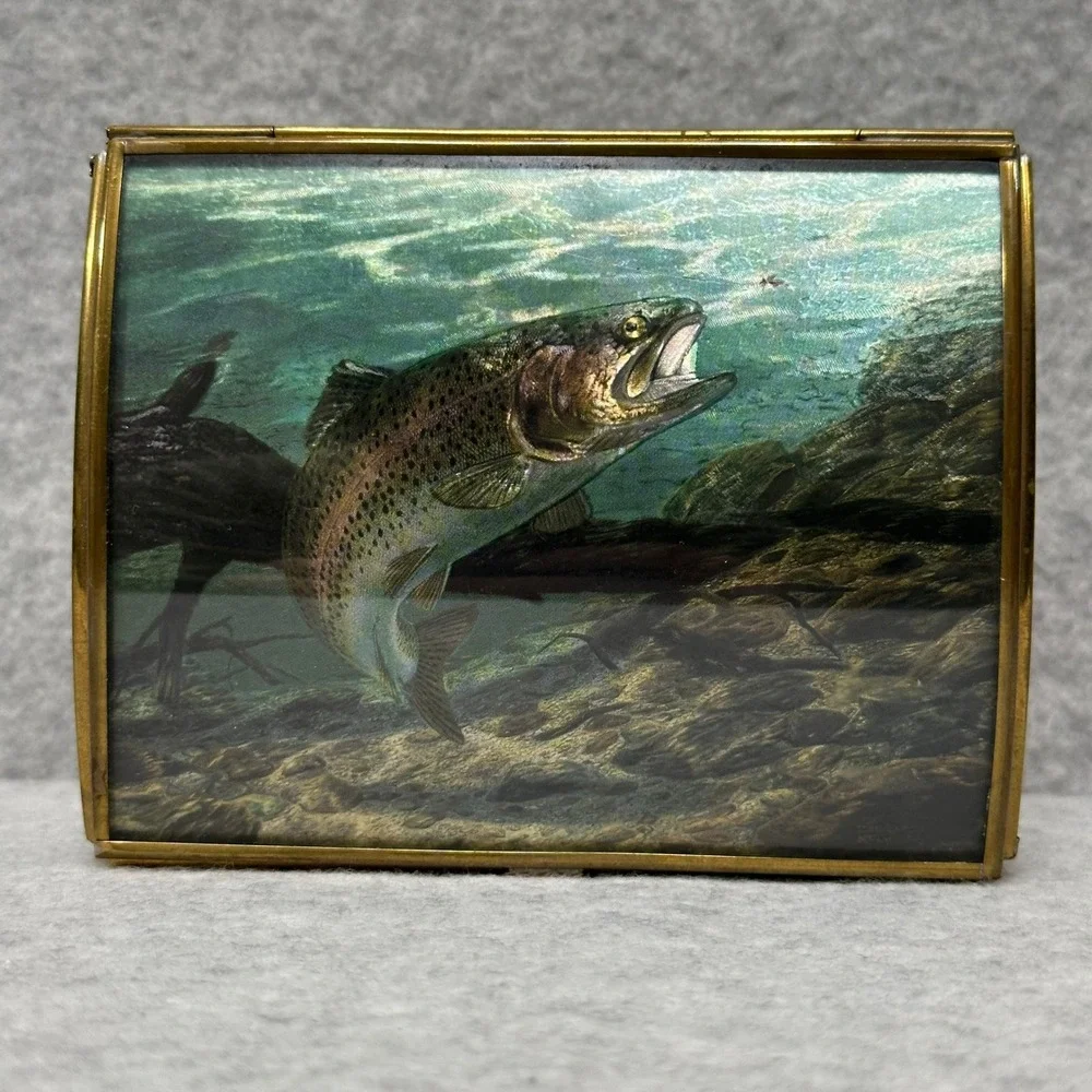 Via Vermont Handcrafted Glass Trinket Box Rainbow Trout Randy McGovern Artwork